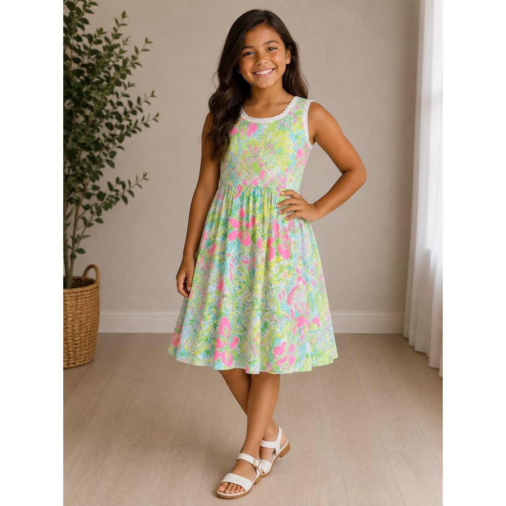 Lilly Pulitzer Floral Lace Trim Shift Dress Preppy Resortwear 14 Pink Blue Green